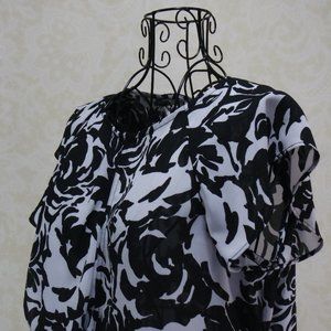 LIZ CLAIBORNE Black White Floral Cap Sleeve Front Ruffle Accent